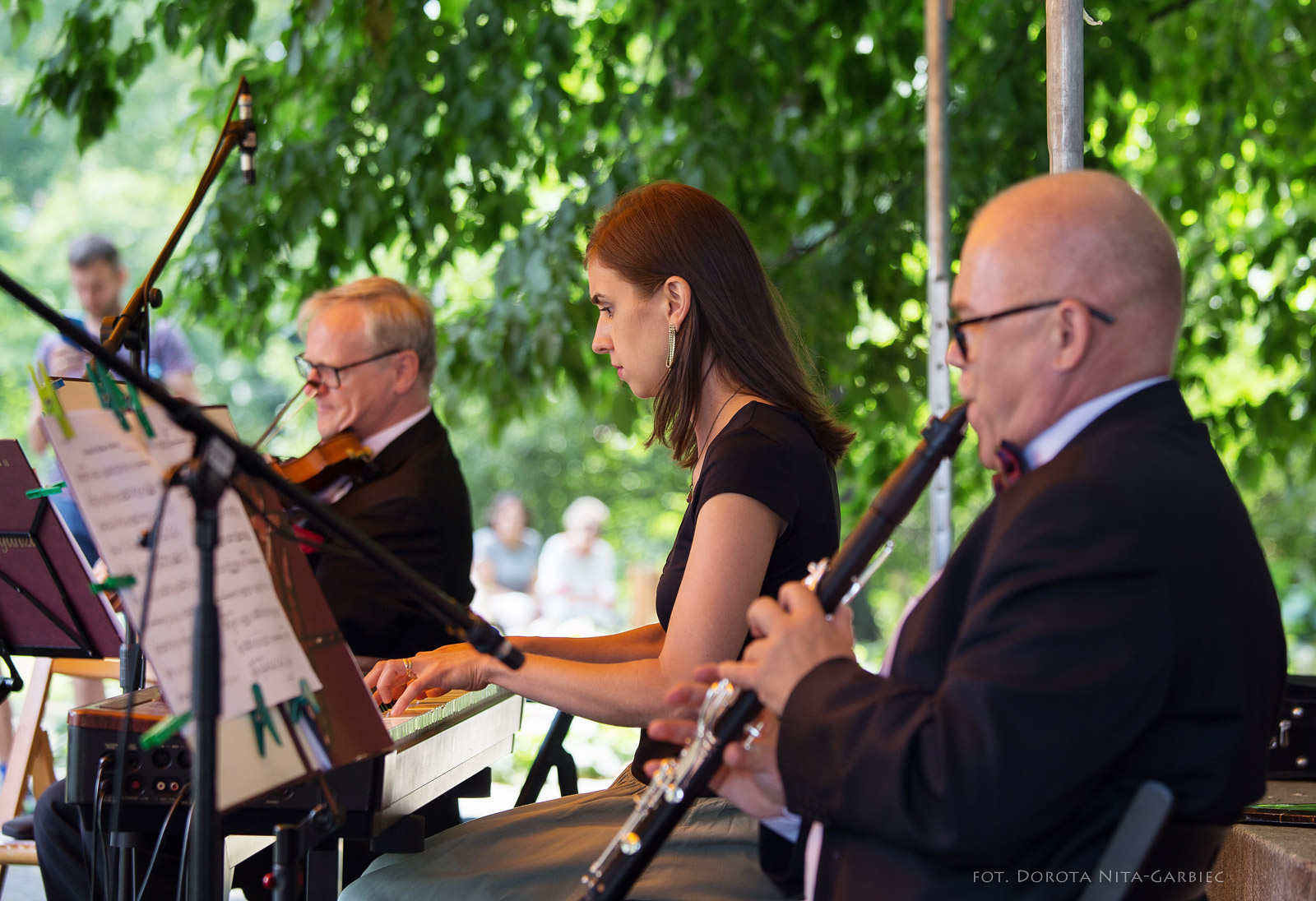 zbliżenie na trzech instrumentalistów podczas koncertu