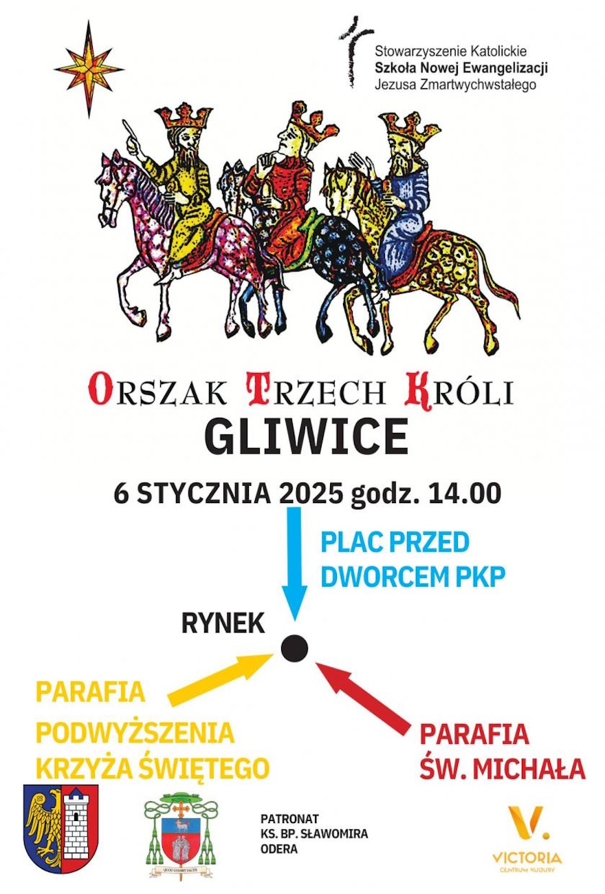 Plakat z grafiką Trzech Króli i informacjami