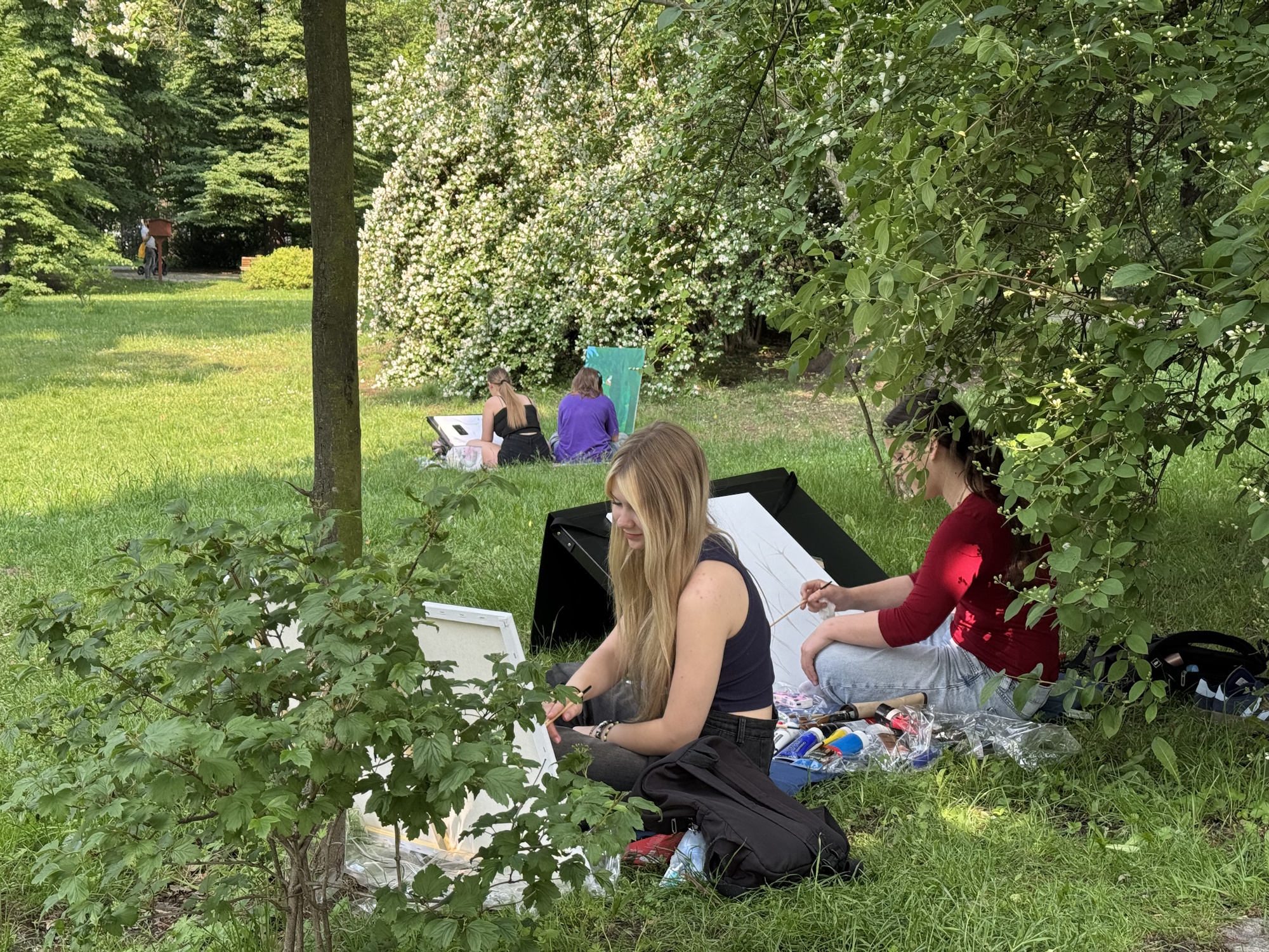 Fot. materiały UM Gliwice młodzi ludzie siedzą na trawie i malują na płótnach