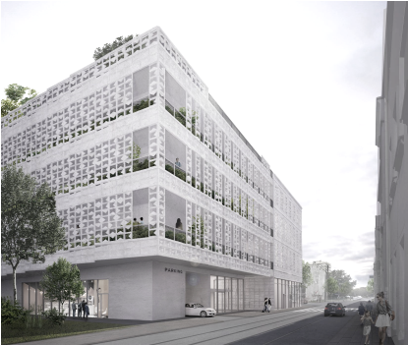 Konkurs architektoniczny „Parking w kamienicy” Biura Architekta Miasta Łodzi/ Projekt parkingu autorstwa Izabeli Kordyki, Karola Szulca, Martyny Kaczmarskiej, Michała Wiatera i Tomasza Bogusza