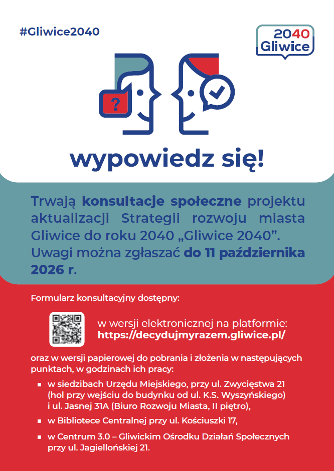 Od 28 sierpnia do 11 października potrwają konsultacje projektu aktualizacji „Strategii rozwoju miasta Gliwice do roku 2040, Gliwice 2040”. Uwagi i propozycje zmian można zgłaszać do całego dokumentu. 8 września planowane jest również spotkanie otwarte.