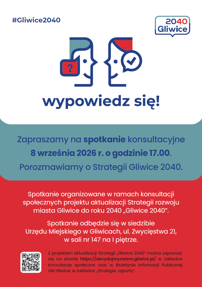 Od 28 sierpnia do 11 października potrwają konsultacje projektu aktualizacji „Strategii rozwoju miasta Gliwice do roku 2040, Gliwice 2040”. Uwagi i propozycje zmian można zgłaszać do całego dokumentu. 8 września planowane jest również spotkanie otwarte.
