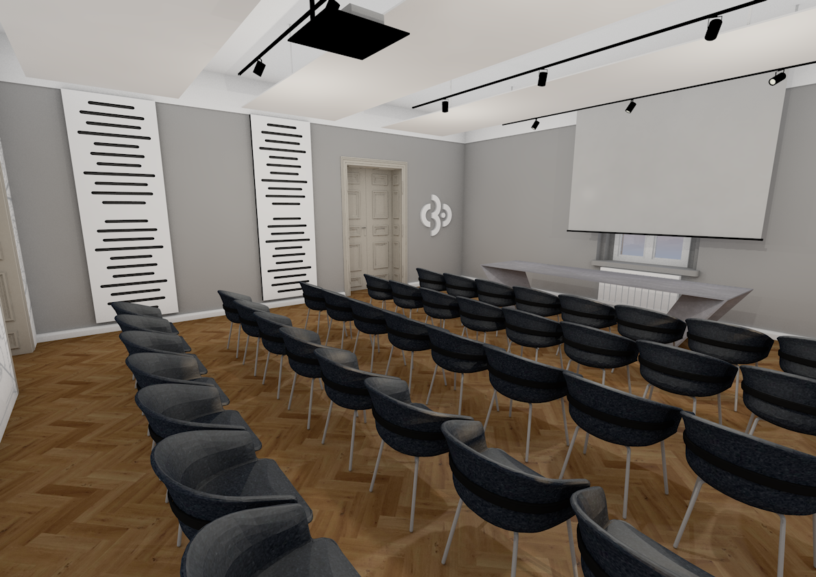 Sala kameralna w przyszłej siedzibie Centrum 3.0 – Gliwickiego Ośrodka Działań Społecznych. Wiz. Biuro Usług Architektonicznych PROFIL