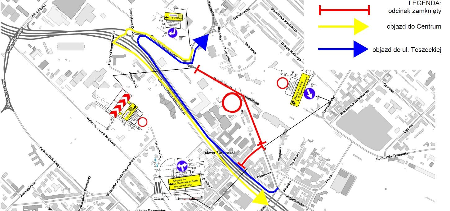 schemta objazdów na czas zamknięcia ul. Bohaterów Getta warszawskiego