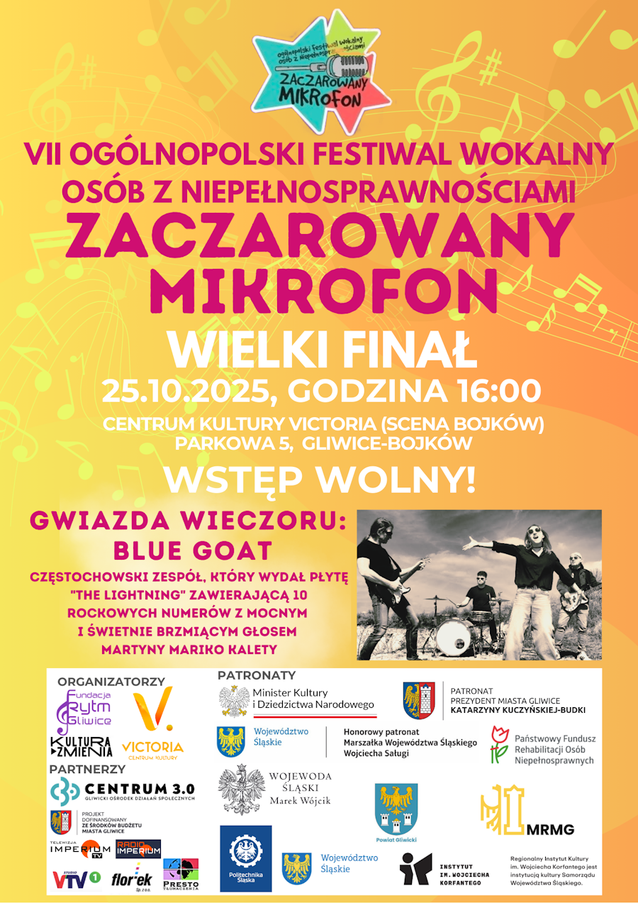 Plakat wydarzenia. Na pomarańczowym tle jaśniejsze nuty. Na środku zdjęcie przedstawiające zespół muzyczny - dwóch gitarzystów, perkusistę i wokalistkę.