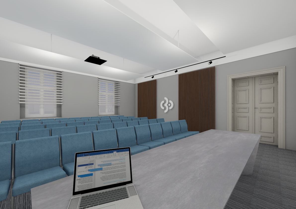 Sala multimedialna w przyszłej siedzibie Centrum 3.0 – Gliwickiego Ośrodka Działań Społecznych. Wiz. Biuro Usług Architektonicznych PROFIL