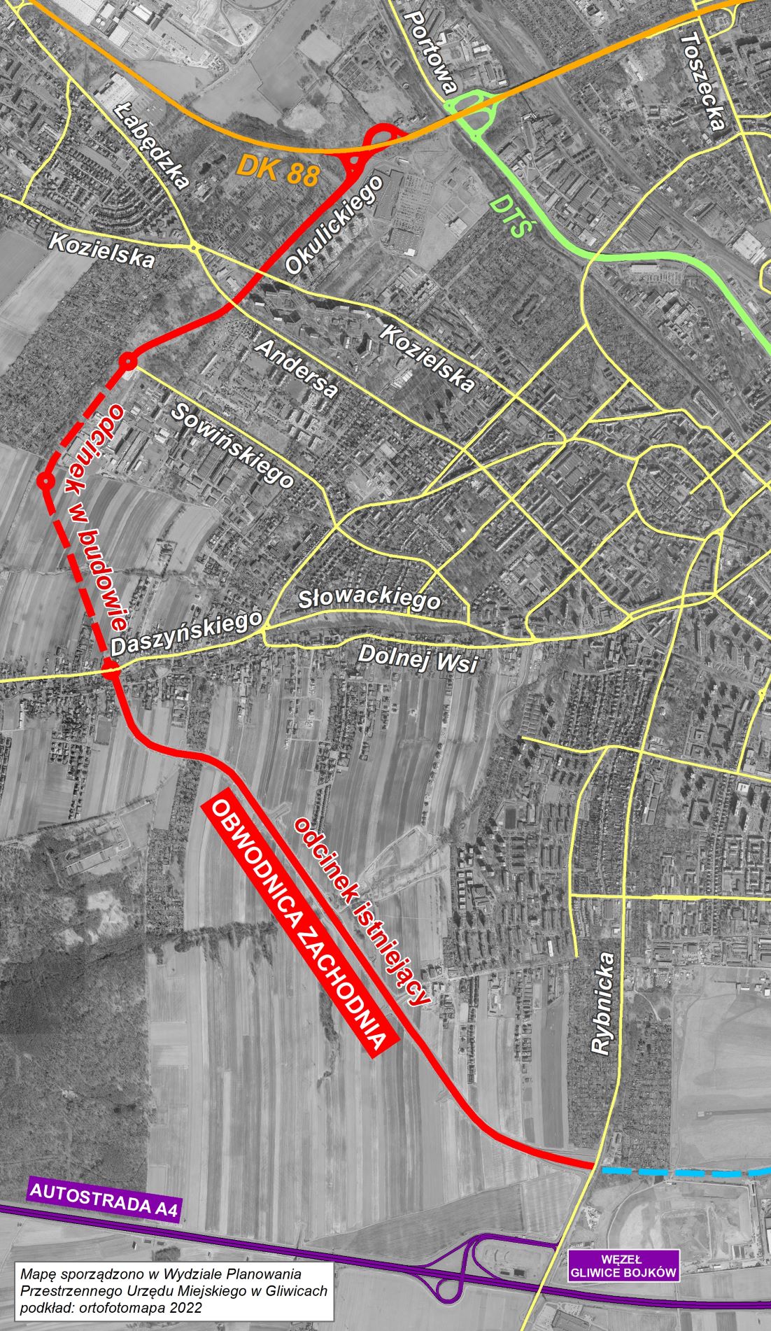 Mapka pokazująca przebieg obwodnicy zachowdniej od ul. Rybnickiej do DK 88