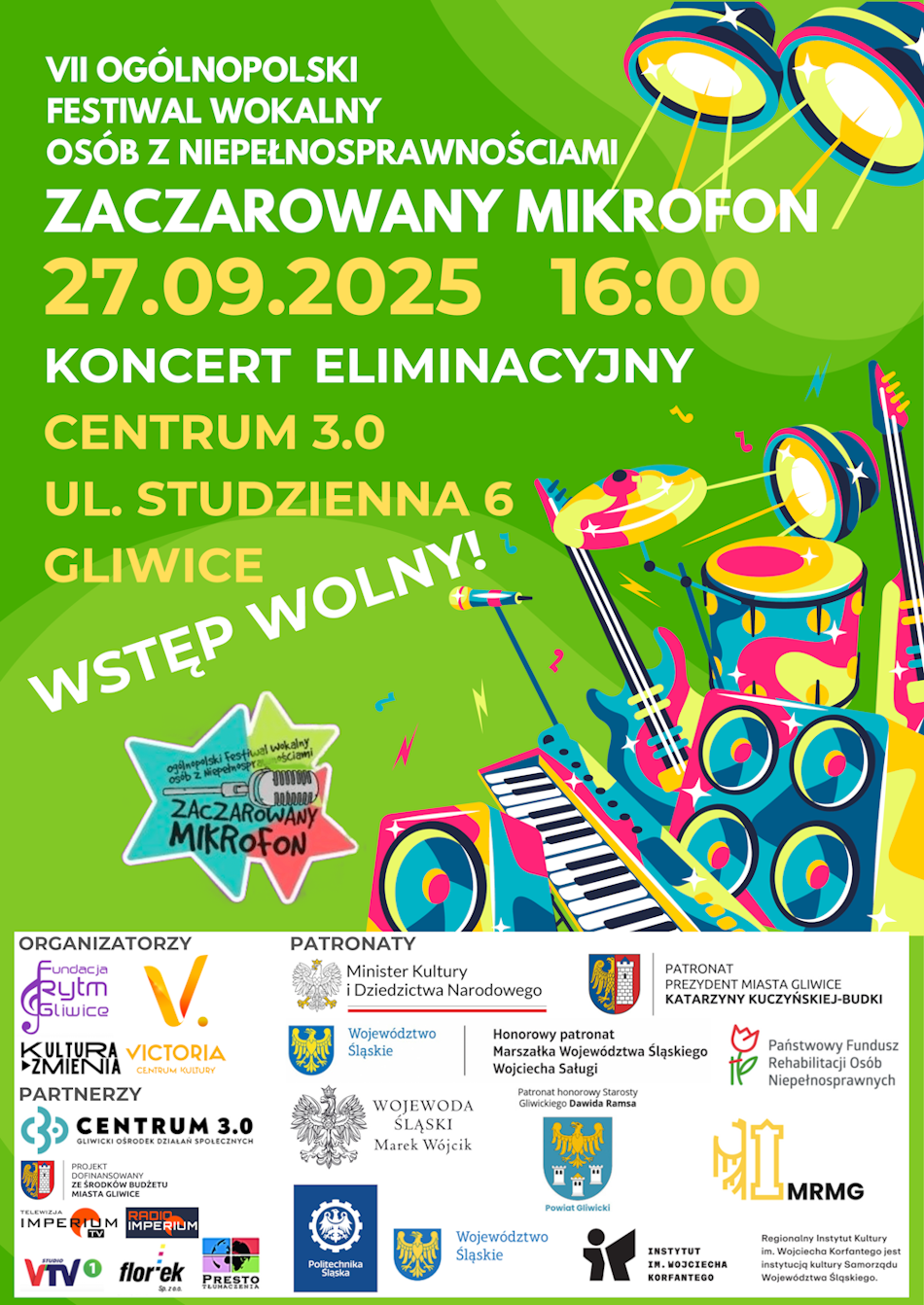 plakat wydarzenia - kolorowe instrumenty perkusyjne na zielonym tle