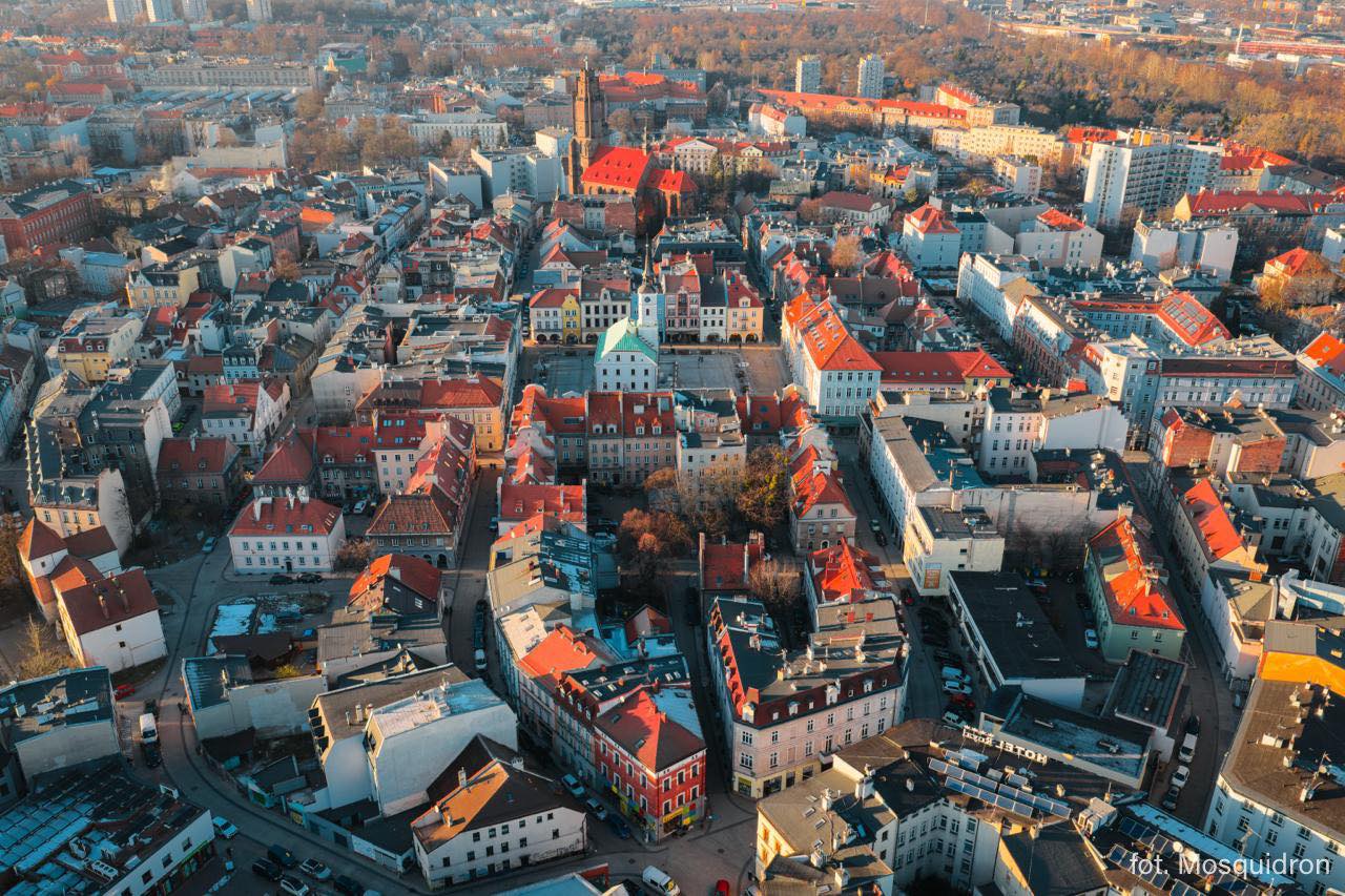 Gliwicki Rynek i ulice z lotu ptaka