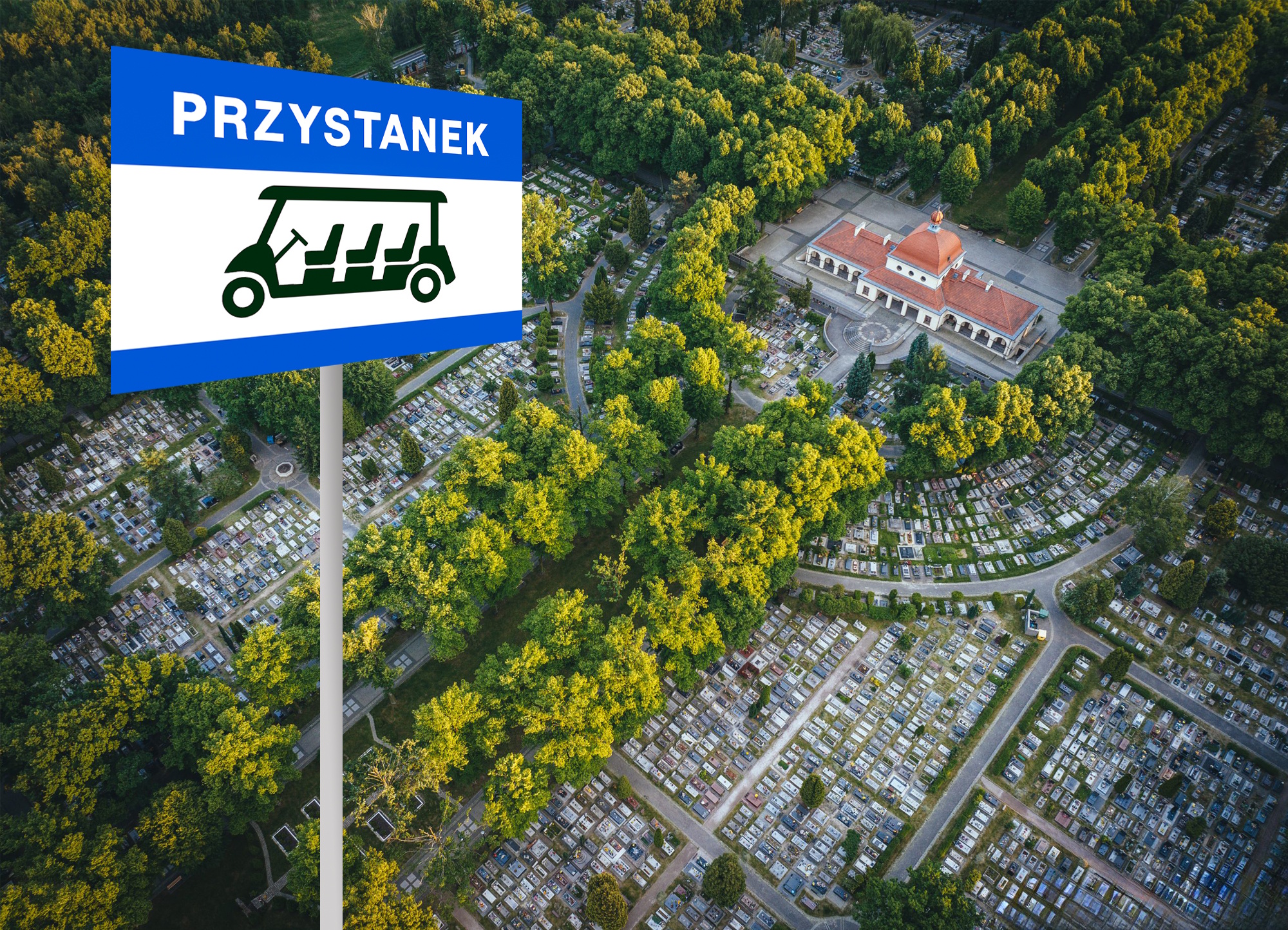 cmentarz, ujęcie z góry i znak meleksy