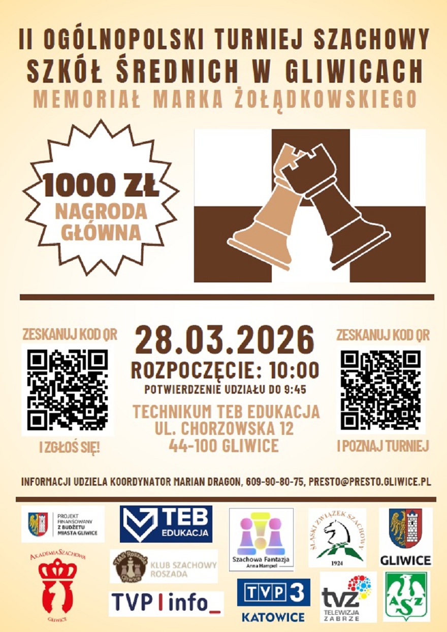 plakat - II Ogólnopolski Turniej Szachowy Szkół Średnich w Gliwicach - Memoriał Marka Żołądkowskiego