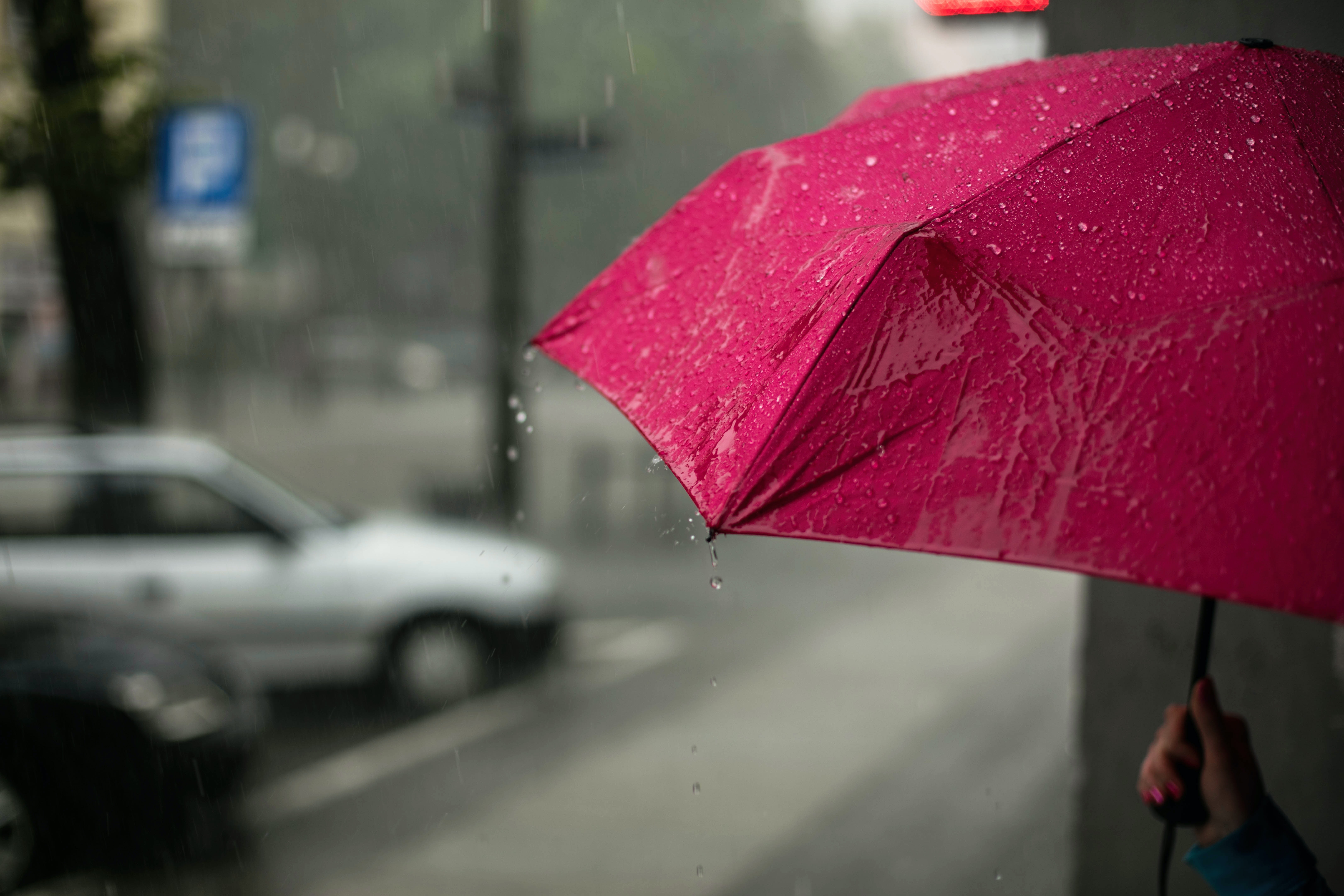 ręka trzyma różowy parasol na ulicy, pada deszcz